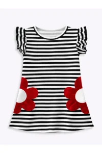 Denokids Girl's Floral Dress Black and White Striped Spring Summer Season 3-6 Years - Image 4
