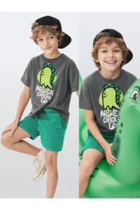 Denokids Boy's Suit Dinosaur Printed T-Shirt Towel Shorts Double Suit Summer 4-8 Years