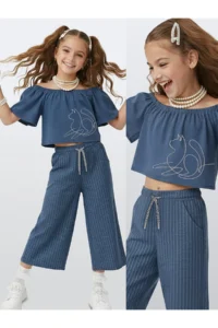 Denokids Girl's Suit Denim Look Blouse Trousers Woven Summer 4-10 Years