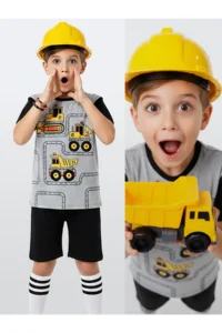 Denokids Boy's Set Construction Vehicles Printed T-Shirt Black Shorts Summer Set