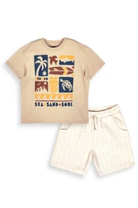 Denokids Boy's Festive Suit Summer Printed 100% Cotton T-Shirt Striped Woven Shorts Summer Suit - Image 4