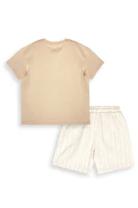 Denokids Boy's Festive Suit Summer Printed 100% Cotton T-Shirt Striped Woven Shorts Summer Suit - Image 5
