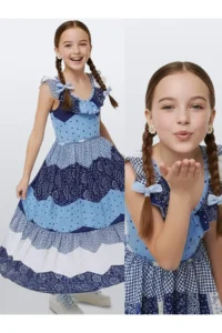 Denokids Girl's Festive Long Dress 100% Cotton Poplin Navy Blue White Spring Summer Season 5-10 Years