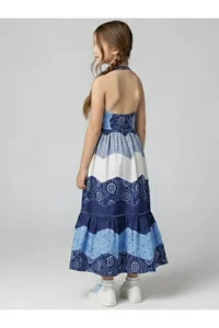 Denokids Girl's Festive Long Dress 100% Cotton Poplin Navy Blue White Spring Summer Season 5-10 Years - Image 2