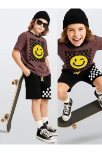 Denokids Boy's Suit Smiling Face Printed 100% Cotton T-Shirt Black Shorts Summer Suit