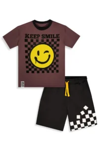 Denokids Boy's Suit Smiling Face Printed 100% Cotton T-Shirt Black Shorts Summer Suit - Image 4