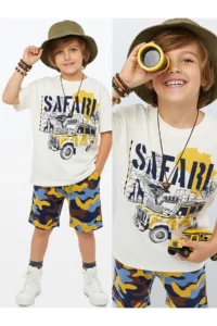 Denokids Boys' Suit Safari Printed 100% Cotton T-Shirt Shorts Summer Suit