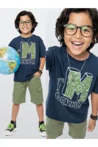 Denokids Boy's Suit Science Printed Cotton T-Shirt Gabardine Woven Shorts Summer Suit
