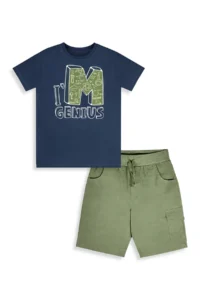 Denokids Boy's Suit Science Printed Cotton T-Shirt Gabardine Woven Shorts Summer Suit - Image 4