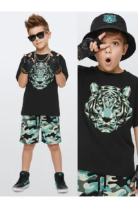 Denokids Boy's Suit Tiger Printed 100% Cotton T-Shirt Shorts Summer Suit