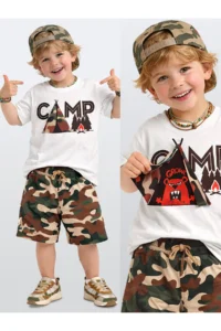 Denokids Boy's Set Camping Printed Interactive T-Shirt Shorts Double Set Summer 2-8 Years