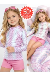 Denokids UV Protected Girl's Swimsuit T-shirt UVP+50 Factor Protection Long Sleeve Mermaid