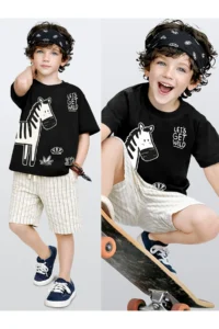 Denokids Boy's Festive Suit Zebra Printed Cotton T-Shirt and Striped Woven Shorts Summer Suit