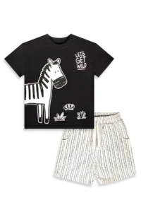 Denokids Boy's Festive Suit Zebra Printed Cotton T-Shirt and Striped Woven Shorts Summer Suit - Image 4