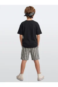 Denokids Boy's Festive Suit Croco Black T-Shirt and Striped Linen Look Summer Shorts - Image 2