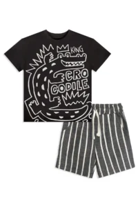 Denokids Boy's Festive Suit Croco Black T-Shirt and Striped Linen Look Summer Shorts - Image 4