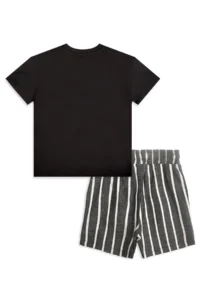 Denokids Boy's Festive Suit Croco Black T-Shirt and Striped Linen Look Summer Shorts - Image 5