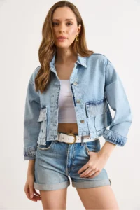 Olalook Women's Blue Pocket Stone Detailed Crop Denim Jacket - Image 2