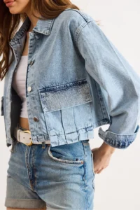 Olalook Women's Blue Pocket Stone Detailed Crop Denim Jacket - Image 4