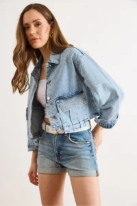 Olalook Women's Blue Pocket Stone Detailed Crop Denim Jacket - Image 5