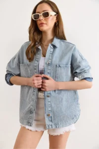 Olalook Women's Blue Rain Stone Detailed Pocket Denim Shirt Jacket