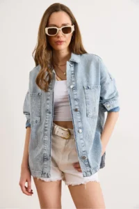 Olalook Women's Blue Rain Stone Detailed Pocket Denim Shirt Jacket - Image 2