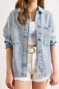 Olalook Women's Blue Rain Stone Detailed Pocket Denim Shirt Jacket - Image 3