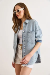 Olalook Women's Blue Rain Stone Detailed Pocket Denim Shirt Jacket - Image 4