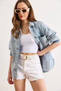 Olalook Women's Blue Rain Stone Detailed Pocket Denim Shirt Jacket - Image 5