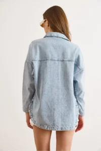 Olalook Women's Blue Rain Stone Detailed Pocket Denim Shirt Jacket - Image 6