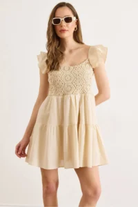 Olalook Women Stone Guipure Detailed Mini Dress