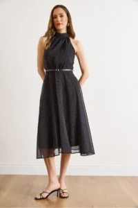 Olalook Women's Black Halter Neck Polka Dot Belted Lined Chiffon Dress - Image 2