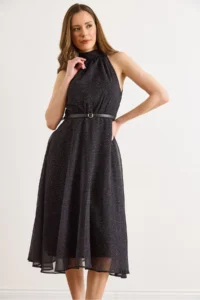 Olalook Women's Black Halter Neck Polka Dot Belted Lined Chiffon Dress - Image 3