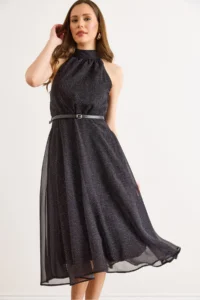Olalook Women's Black Halter Neck Polka Dot Belted Lined Chiffon Dress - Image 4