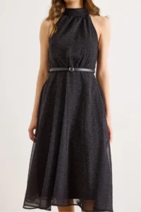 Olalook Women's Black Halter Neck Polka Dot Belted Lined Chiffon Dress - Image 5