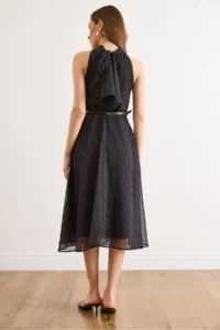 Olalook Women's Black Halter Neck Polka Dot Belted Lined Chiffon Dress - Image 6