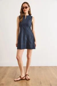 Olalook Women's Navy Blue Collar Detailed Partial Flared Unwashed Denim Dress - Image 2