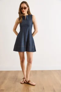 Olalook Women's Navy Blue Collar Detailed Partial Flared Unwashed Denim Dress - Image 3