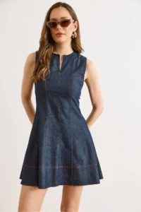 Olalook Women's Navy Blue Collar Detailed Partial Flared Unwashed Denim Dress - Image 4