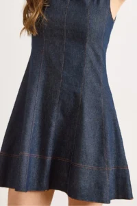 Olalook Women's Navy Blue Collar Detailed Partial Flared Unwashed Denim Dress - Image 5