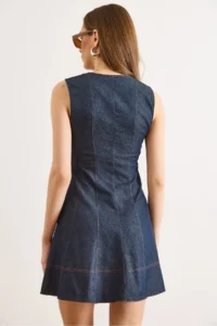 Olalook Women's Navy Blue Collar Detailed Partial Flared Unwashed Denim Dress - Image 6