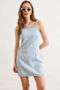 Olalook Women's Light Blue Strap Tie Detailed Back Zipper Denim Dress