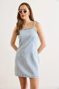Olalook Women's Light Blue Strap Tie Detailed Back Zipper Denim Dress - Image 2