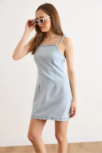 Olalook Women's Light Blue Strap Tie Detailed Back Zipper Denim Dress - Image 3