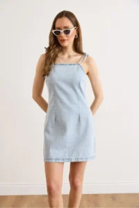 Olalook Women's Light Blue Strap Tie Detailed Back Zipper Denim Dress - Image 4