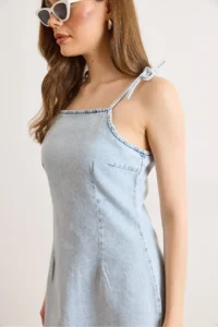 Olalook Women's Light Blue Strap Tie Detailed Back Zipper Denim Dress - Image 5