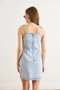 Olalook Women's Light Blue Strap Tie Detailed Back Zipper Denim Dress - Image 6