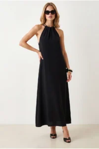 Olalook Women's Black Halter Collar Chain Garnished Maxi Flowy Dress - Image 2