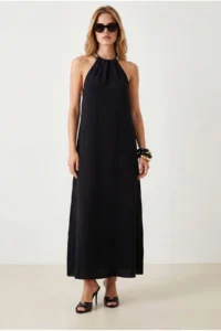 Olalook Women's Black Halter Collar Chain Garnished Maxi Flowy Dress - Image 3