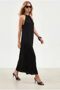 Olalook Women's Black Halter Collar Chain Garnished Maxi Flowy Dress - Image 5